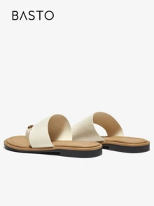 BASTO 休闲波西米亚风格 PU 凉鞋，适合海滩、度假、通勤、户外、四季皆宜，米色平底 - 米色 Flat sole - 查看 5