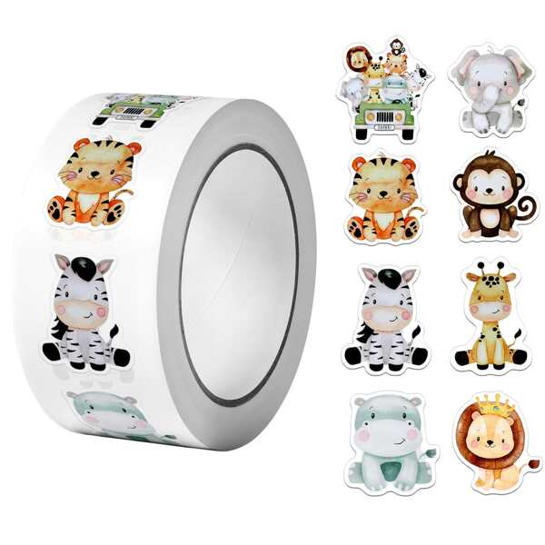 500pcs/Roll Jungle Animal Shaped Stickers, Jungle Animal Theme Party Decoration Stickers, Birthday Holiday Party Gift Wrap Supplies, Babe Shower Gift Bag Seal Stickers, DIY Craft Stickers, Decorative Wrap Stickers Labels, Envelope Greeting Cards Stickers, Party Bottle Cup Decoration Stickers, Party Decoration Stickers, Home Decor, Party Favors