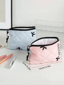 1 Piece Cute Ruffled Square Coin Purse With Bow Pattern Mini Lipstick Organizer Bag With Detachable Bow Pendant Portable Cosmetics Bag With Zipper Women's Makeup Storage Bag Soft Fabric Sanitary Napkin Organizer Bag Fashionable Clutch Pouch Wallet Small Items Storage Bag For Key, Earphone, Coin, Lipstick, Lip Oil, Card, Girls'Accessories College Vacation Cruise Summer Holiday Essentials Organizer Bag
