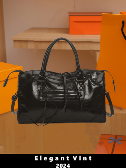 SHIMEINI 1 peça tamanho grande preto emenda rebites incrustados metal zíper borla decoração zíper retro material pu alças duplas ajustável alça de ombro longa design zíper fecho moda retrô doce estilo legal bolsa de motociclista estilo punk y2k bolsa quadrada feminina bolsa tote casual silenciosa estilo luxuoso feminina bolsa de ombro inclinada adequada para deslocamento diário trabalho compras e outros usos