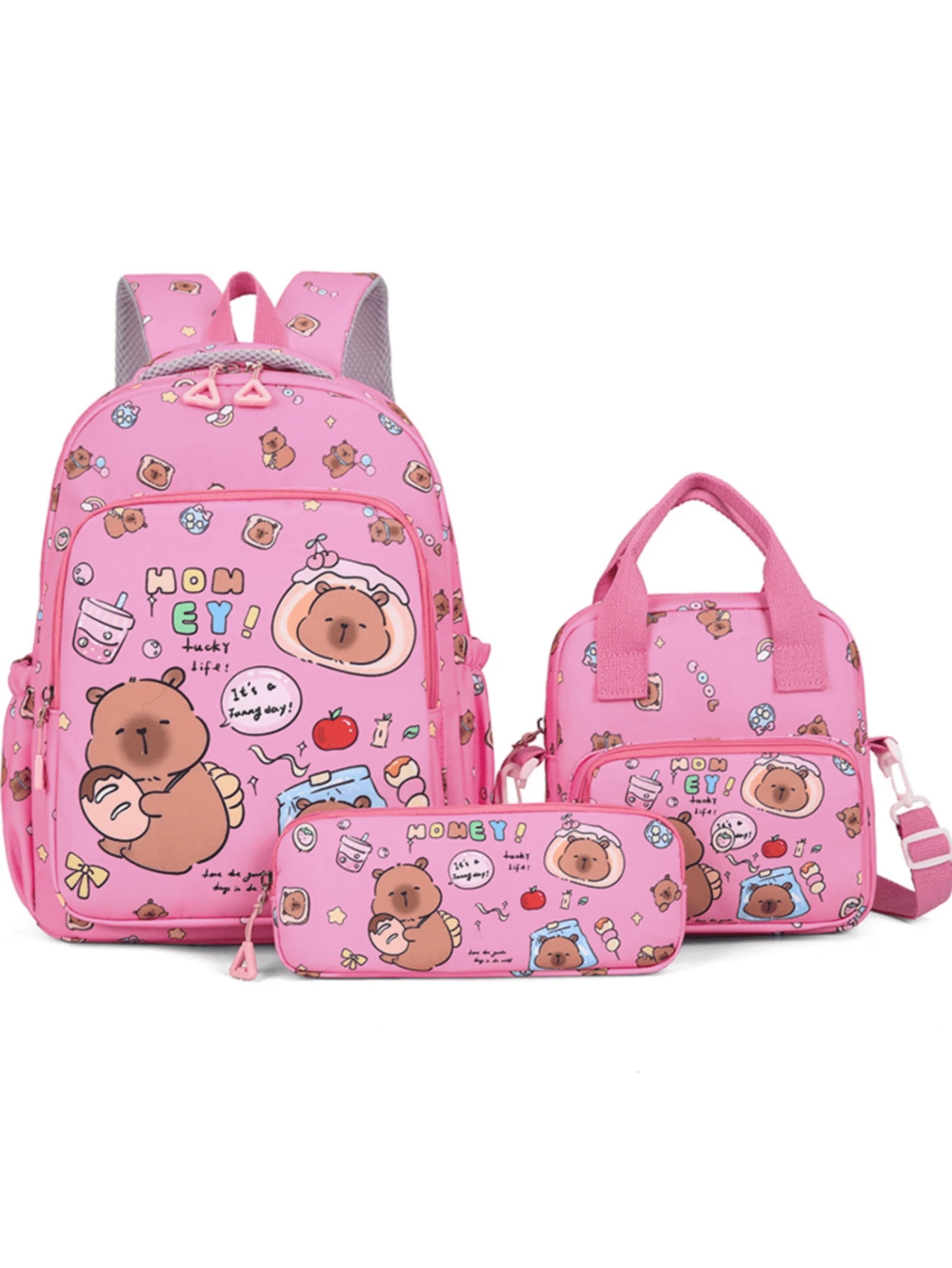 3pcs Cartoon Capybara Cute Large Capacity Travel Backpack Set, Suitable For School, Graduation And Various Occasions - Hot Pink - View 1