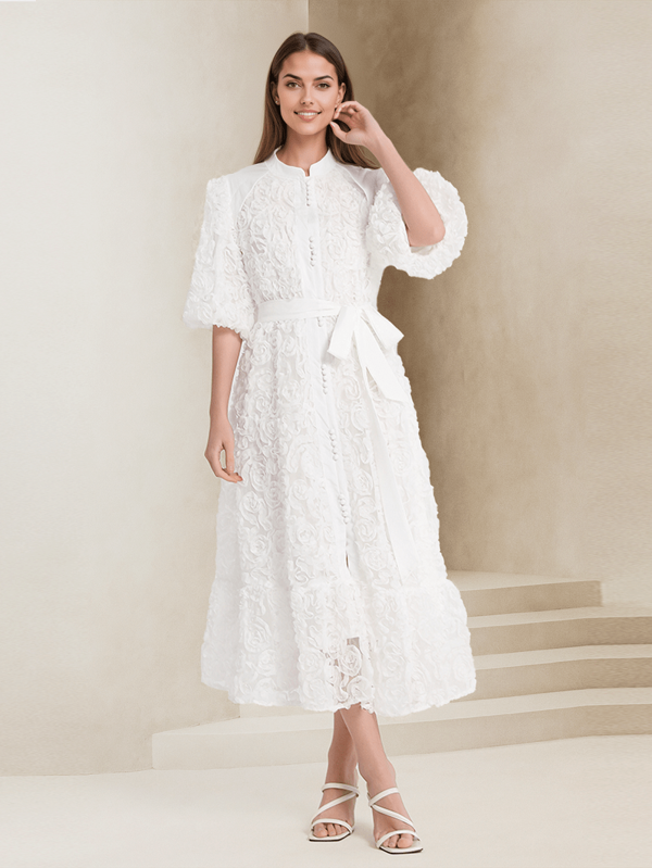 Robe de soirée formelle aux couleurs unies élégantes brodée à la taille, blanche pour les femmes, tenue de soirée de jardin