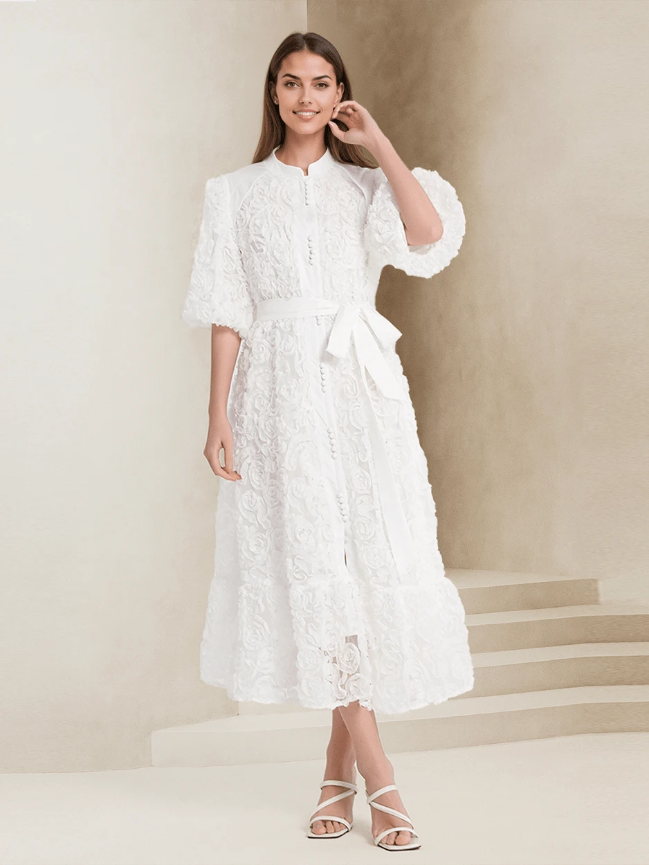 Robe de soirée formelle aux couleurs unies élégantes brodée à la taille, blanche pour les femmes, tenue de soirée de jardin