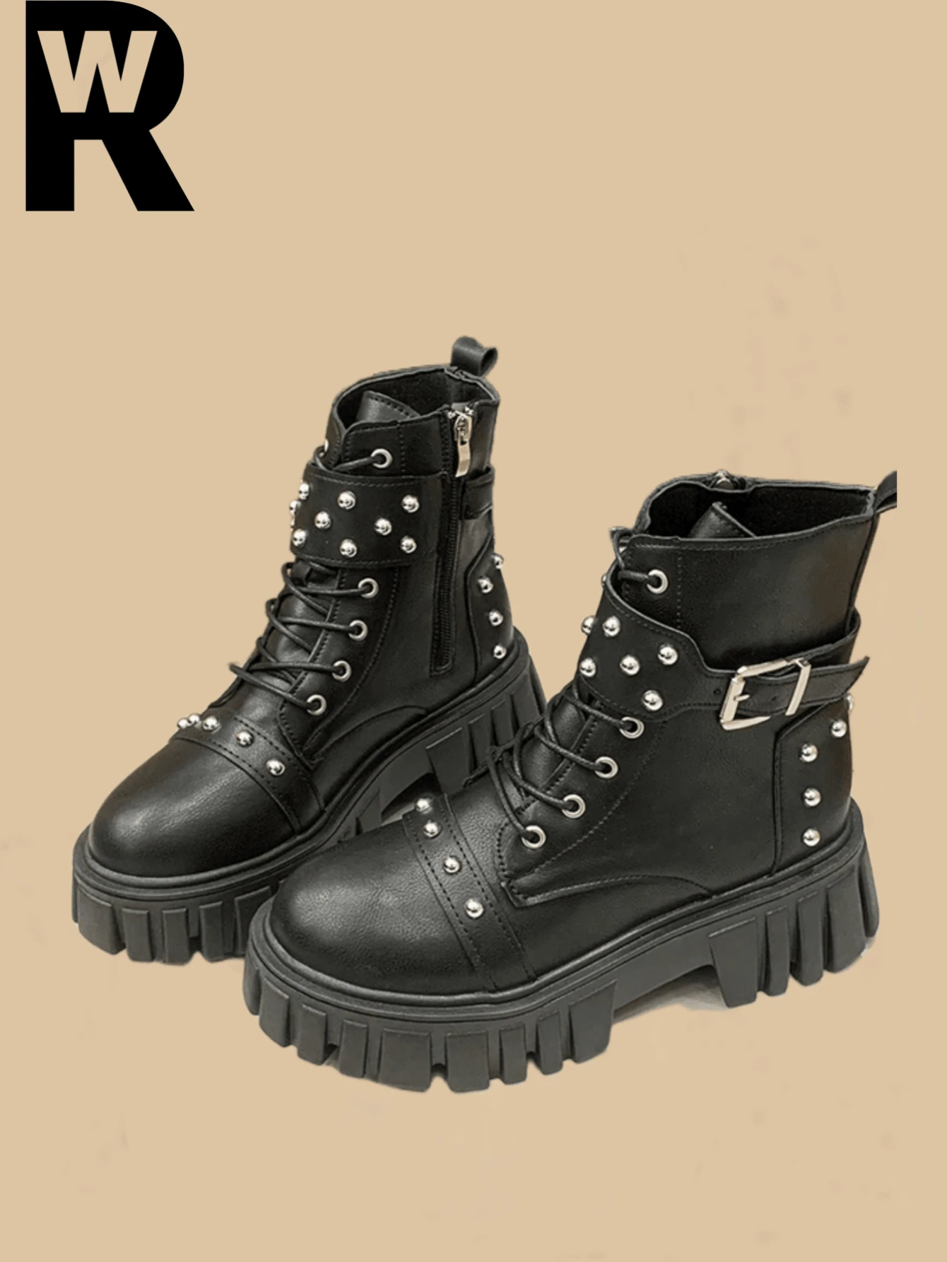 女式2025厚底休闲踝靴，系带，粗跟，防滑 - 黑色 - 查看 1