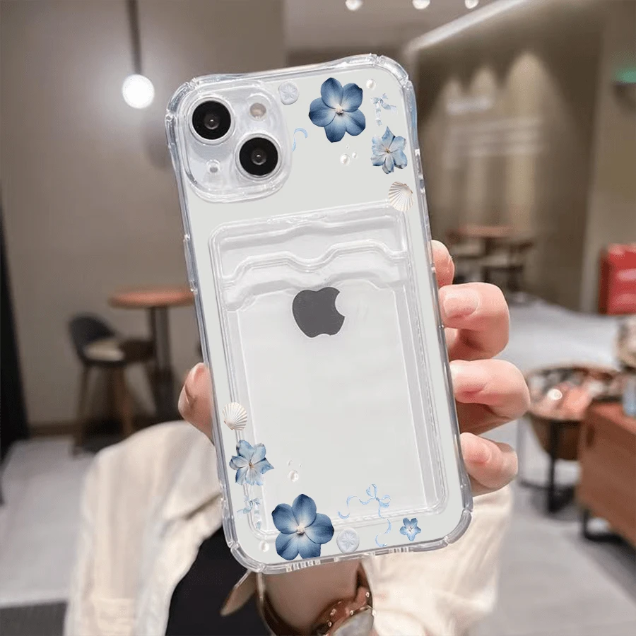 Blue Flowers Shells Ribbons Pattern -Slim Clear Phone Case With Card Holder For IPhone11/12/13/14/15/16 Pro- Minimalist Wallet Replacement - Lightweight Design|Good Gift For Friend - Clear - View 1