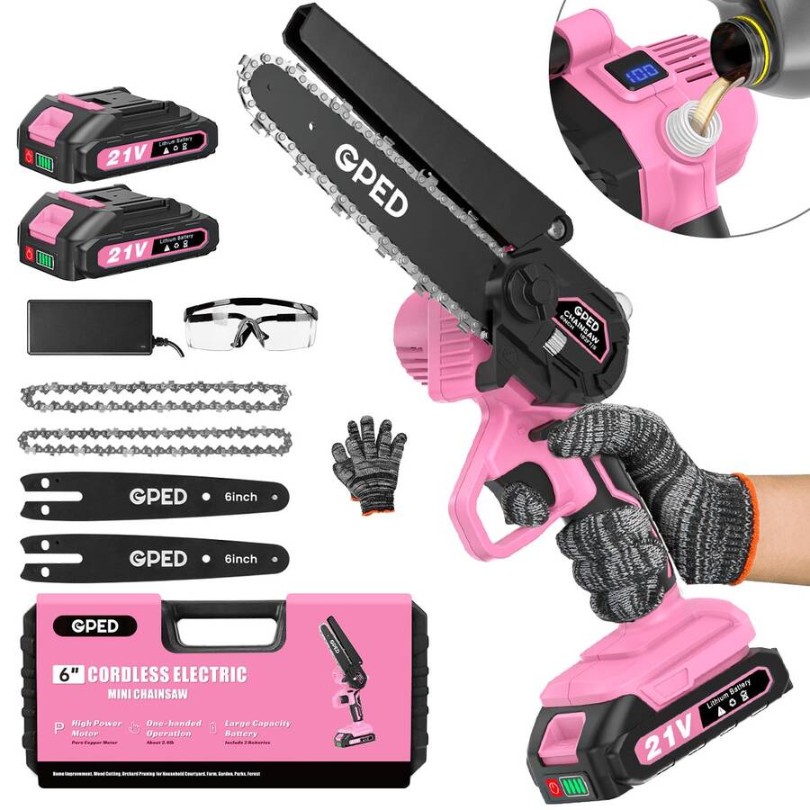 Mini Chainsaw Cordless 6 Inch With 2 Battery, Mini Power Chain Saw With Security Lock, Electric Chainsaw, Handheld Small Chainsaw For Tree Trimming Wood Cutting (2 Mini Chainsaw + 2 Guide Plate) - 粉紅色-1 - 查看 1