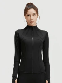 1 pieza Chaqueta deportiva de mujer con agujero para el pulgar, ajuste delgado para correr y yoga - Negro - Ver 2
