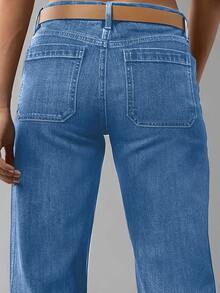 2599# New Style Women's Fashionable Pocket Loose Straight-Leg Casual Versatile Washed-Out Bottom Edge Denim Long Pants - Rửa trung bình - Xem 6