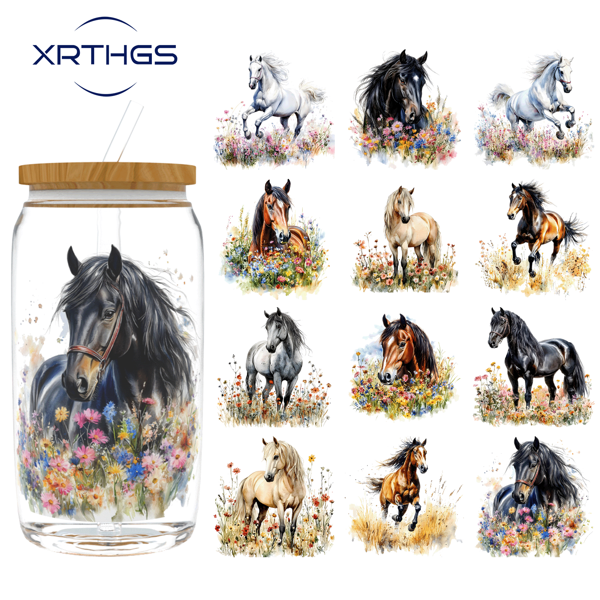 XRTHGS XRTHGS 12PCS/SET UV DTF Cup Wraps Flower Horse Style Self-Adhesive Sticker For Coffee Cups, Water Bottles, Home Decor, Laptops And Refrigerator DIY Crafts(Glass Not Included)