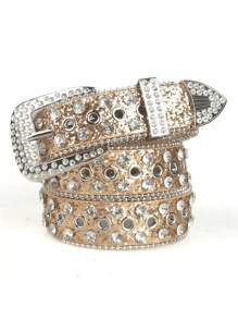 1条纯色朋克摇滚嘻哈街头风水晶镶嵌腰带，高档真皮腰带，适合秋季、万圣节、秋冬季节，适合青少年、青年、男士，休闲、户外、运动、度假、毕业礼物、生日礼物、日常佩戴