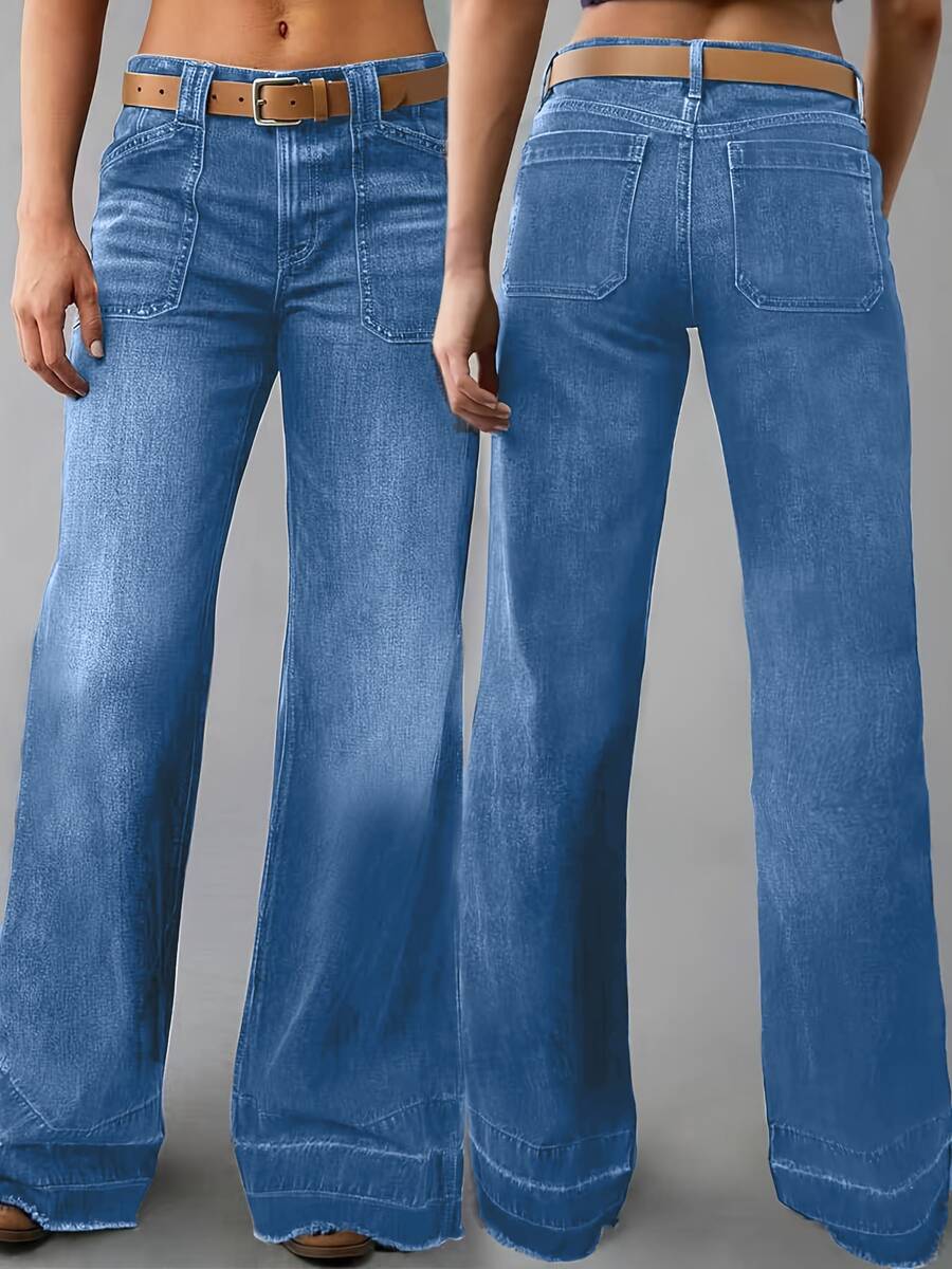 2599# New Style Women's Fashionable Pocket Loose Straight-Leg Casual Versatile Washed-Out Bottom Edge Denim Long Pants - Rửa trung bình - Xem 1