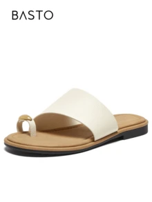 BASTO 休闲波西米亚风格 PU 凉鞋，适合海滩、度假、通勤、户外、四季皆宜，米色平底 - 米色 Flat sole - 查看 8