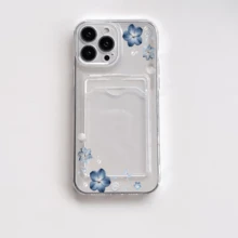 Blue Flowers Shells Ribbons Pattern -Slim Clear Phone Case With Card Holder For IPhone11/12/13/14/15/16 Pro- Minimalist Wallet Replacement - Lightweight Design|Good Gift For Friend - Clear - View 3
