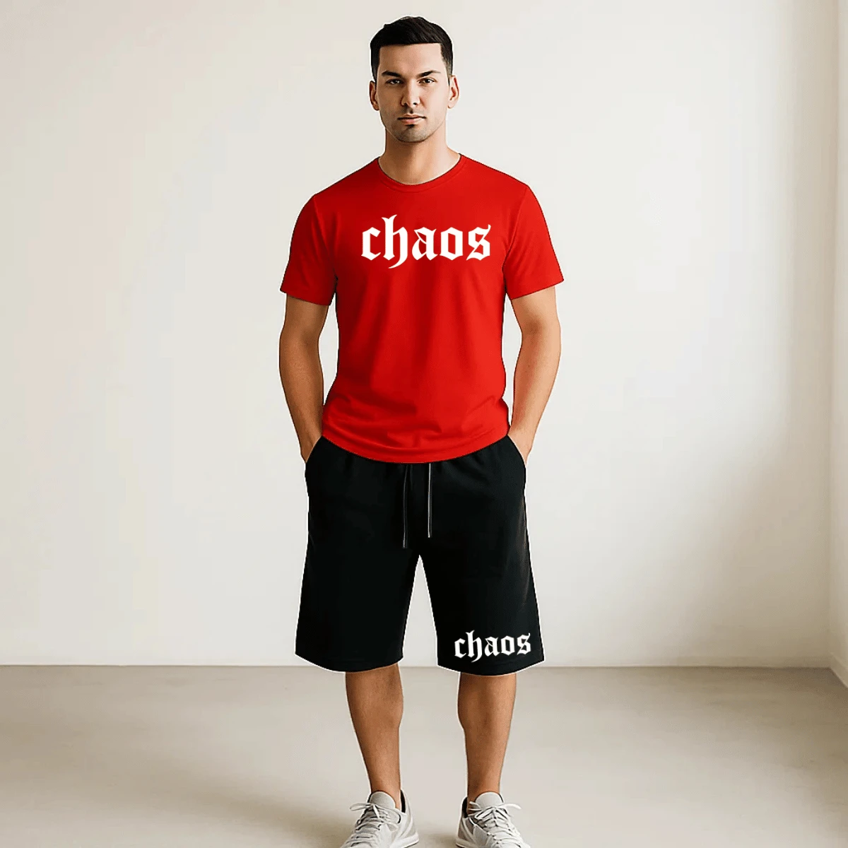Conjunto Masculino Chaos Estampa Camiseta 100% Algodão + Short  Masculino Verão Kit 2 Peças Lançamento - Vermelho - Visão 1