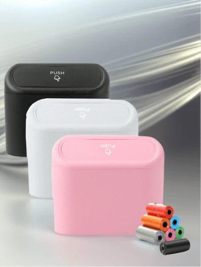 1个带盖防漏防溢迷你车载垃圾桶，含垃圾袋 - 车载收纳套装，含挂钩和清洁刷 | 卫生便捷的门钩收纳，汽车配件及必需品