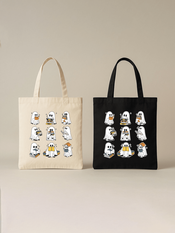 1pc Halloween Ghost Reading Tote Bag, Halloween Tote Bag, Teacher Halloween Tote Bag, Book Lovers Ghost Tote Bag, Cute Ghost Tote Bag