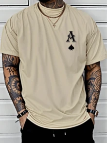 Men's Casual Letter Print Round Neck T-Shirt, Suitable For Work And Daily Wear - Albaricoque - Ver 1