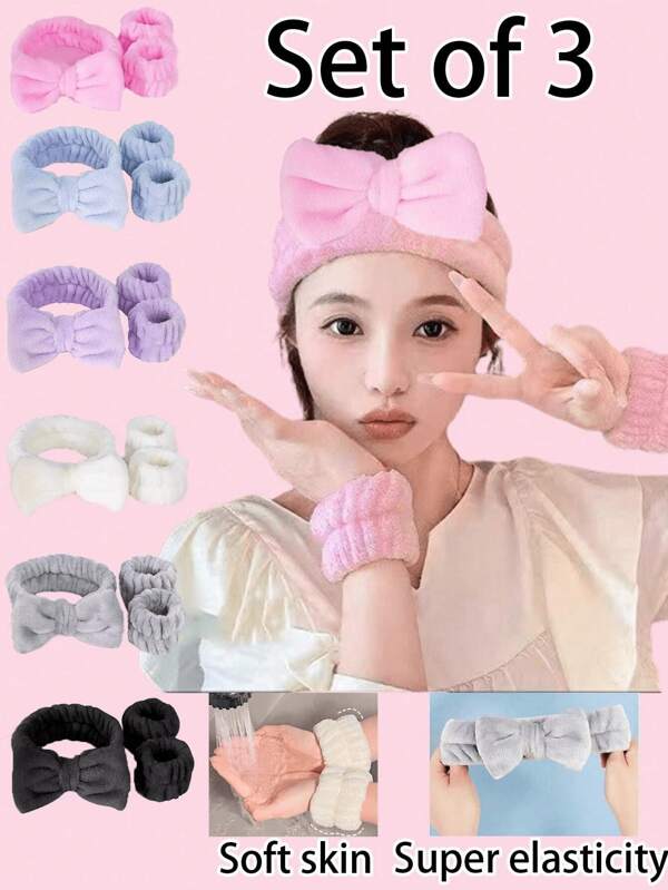 1 Face Wash Headband/2 Face Wash Wristbands/3 Sets Of Spa Headbands, Makeup Headbands, Face Wash Headbands, Skin Care Headbands, Bows, Bubbles, Spa Headbands, Wristbands, Sets Of Hair Accessories For Women And Girls