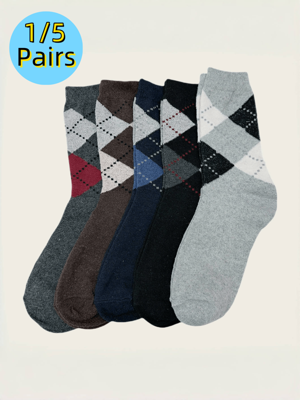 1/5 pares de meias masculinas retrô com estampa de losango até a panturrilha
