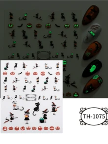 万圣节指甲贴纸 OEM 鬼魂骷髅发光指甲贴纸 ODM 万圣节疤痕贴纸，自粘可重复使用贴纸，带有骷髅、鬼魂、疤痕、南瓜和蜘蛛图案，适用于节日美甲装饰
