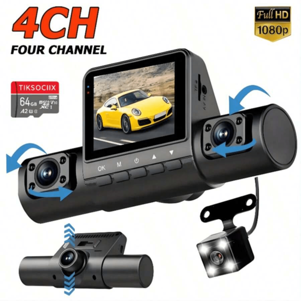 Caméra de véhicule à 4 canaux 1080P Dashcam enregistreur avec vision nocturne 1080P avant et 720P gauche/droite arrière, enregistrement en boucle, surveillance du parking 24h/24