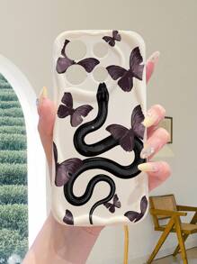 1 pieza Funda de teléfono premium con patrón misterioso de serpiente y mariposa, blanca, con textura ondulada gruesa, anti-caída y con lente perforada para protección, compatible con Apple/Redmi/Infinix/OPPO/VIVO/Realme