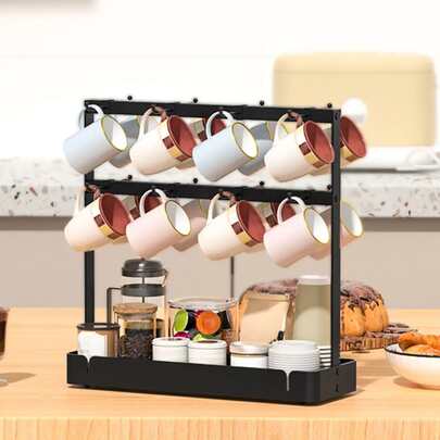  NetHong Coffee Mug Holder Stand,16 Cup Hooks Countertop Mug Tree Holder Rack With Storage Base 2 Tier Counter Cups Mugs Display Storage Organizer For Kitchen Tea Coffee Bar, Black, Metal