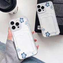 Blue Flowers Shells Ribbons Pattern -Slim Clear Phone Case With Card Holder For IPhone11/12/13/14/15/16 Pro- Minimalist Wallet Replacement - Lightweight Design|Good Gift For Friend - Clear - View 8