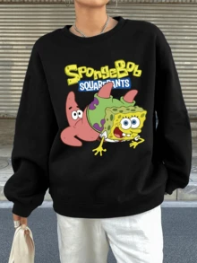 SpongeBob SquarePants Autumn Sweatshirt New, Creative Strawberry Letter Arrangement Design Pattern Printing, American Retro, Street Cute, Fashion Sense, High Quality Cotton Sense Of Fabric, Comfortable And Casual, Sweet Cool Street, Lazy Loose, Fashionable And Versatile, Black Ladies Sweatshirt - Black - View 3