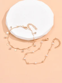 2 pezzi/set Cavigliera minimalista alla moda con finta perla, stella e cristallo per donna, adatta per outfit quotidiani e vacanze in spiaggia (quantità casuale di perle, stelle e cristalli)