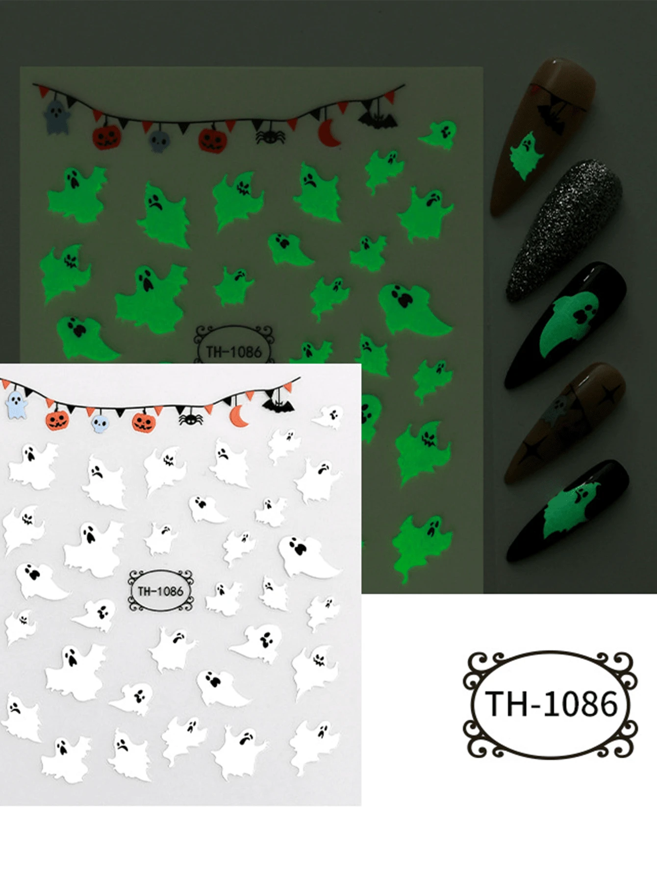 万圣节指甲贴纸 OEM 鬼魂骷髅发光指甲贴纸 ODM 万圣节疤痕贴纸，自粘可重复使用贴纸，带有骷髅、鬼魂、疤痕、南瓜和蜘蛛图案，适用于节日美甲装饰