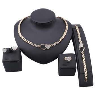 奢华金色心形水钻首饰套装 - 项链、手链、戒指、耳环四件套，女士时尚吸睛首饰，适合婚礼、派对、送礼等场合。