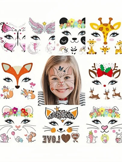8pcs/16pcs Animal Temporary Face Tattoo Sticker Set, Suitable For Kids And Adults, Water Transfer Butterfly, Panda, Deer, Giraffe, Fairy, Floral, Festival Body Art Makeup Decorative Stickers