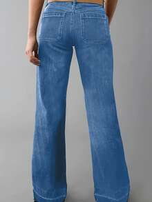 2599# New Style Women's Fashionable Pocket Loose Straight-Leg Casual Versatile Washed-Out Bottom Edge Denim Long Pants - Rửa trung bình - Xem 3