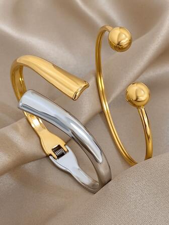 18K 镀金不锈钢几何与球形优雅手镯套装，适合女士、妈妈礼物、返校礼物、万圣节礼物、夏季旅行海滩珠宝、波西米亚风格珠宝、狂欢/舞会/派对/日常配饰、婚礼用品、生日礼物、伴娘礼物、圣诞礼物