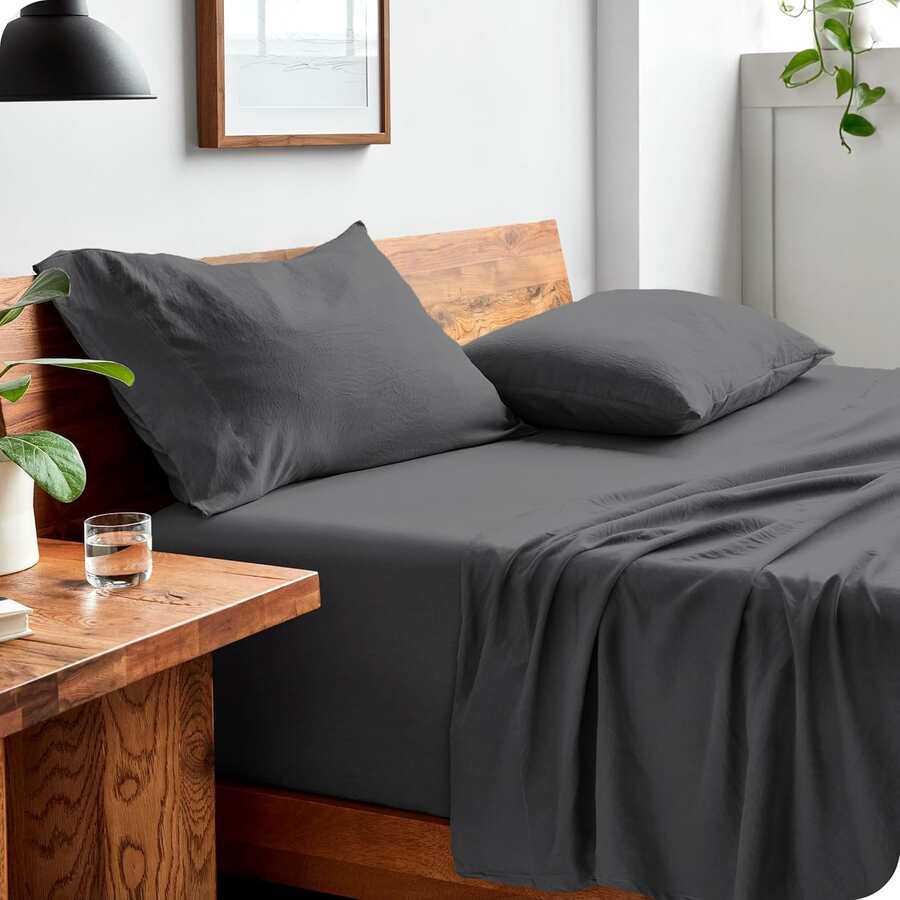 FORZZZ 4 Piece Queen Bed Sheet Set- Luxury 2000TC Ultra-Soft Microfiber Bedding Sheets & Pillowcases -Breathable Bedding - Wrinkle, Fade, Stain Resistant-Deep Pocket Flat Fitted Bed Sheet Set - 深灰色 - 查看 1
