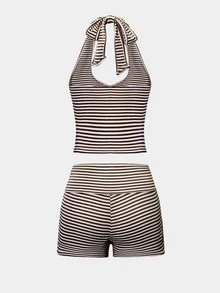 2pcs Women Casual Sports Camisole And Shorts Set, Colorful Striped - Brown and White Stripes - View 10