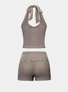Conjunto de 2 piezas para mujer de top halter y shorts a rayas para actividades deportivas y de ocio en el hogar