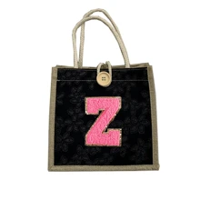 1 件毛巾刺绣首字母图案手提包，花卉印花亚麻手提包，小号花卉亚麻纽扣装饰手提包，简约大容量手提包，便携休闲收纳手提包，多功能购物袋，新设计，大容量，购物的理想选择，单肩包，手提包，午餐包，午餐盒，斜挎包