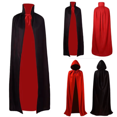 120cm/140cm/150cm Halloween Double-Layer Black And Red Cape Cloak, With Hood And Stand-Up Collar Style, Vampire Death Cosplay Cloak, Halloween Party Decoration, LARP Party Supplies, Stage Performance Accessory Decoration