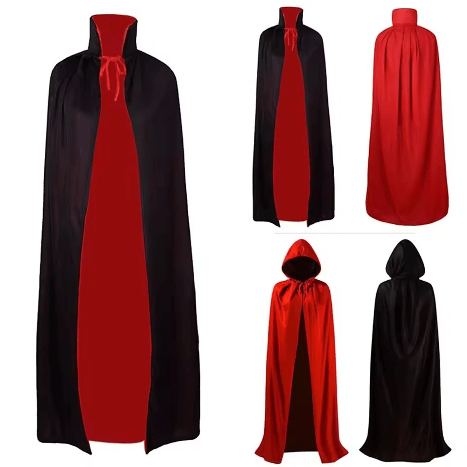 120cm/140cm/150cm Halloween Double-Layer Black And Red Cape Cloak, With Hood And Stand-Up Collar Style, Vampire Death Cosplay Cloak, Halloween Party Decoration, LARP Party Supplies, Stage Performance Accessory Decoration
