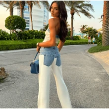 LUMORIGINK Designer White Knit Denim Suits Set Women's Patchwork Elegant Sleeveless Tops Matching Wide Leg Baggy Pants Summer New Outfits