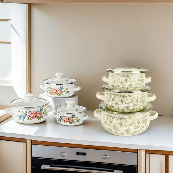 3 pièces Mini Pots, Set de Casseroles Émaillées Épaisses Multifonctionnelles de Haute Qualité pour les Fêtes, avec Couvercle Pot à Soupe, Pot à Ragoût, Pot d'Ébullition, Plat de Service, Batterie de Cuisine Attrayante pour la Maison, Compatible avec les Cuisinières à Gaz et Électriques, Excellent Cadeau pour la Famille et les Amis