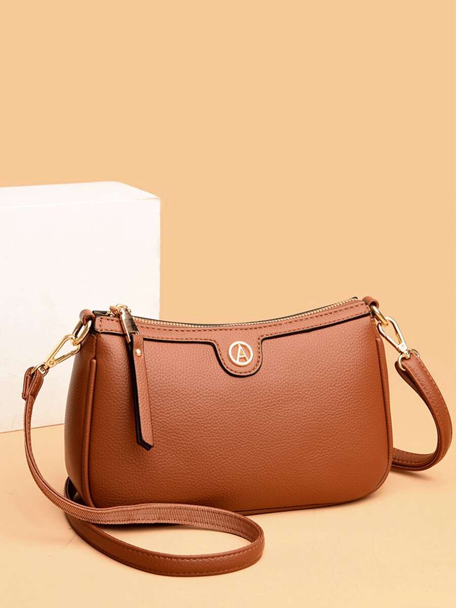 经典纯色PU防水面料单肩包，金属扣装饰，撞色缝线设计，可调节长肩带，优雅女士钱包，女士斜挎包，商务通勤包，适合购物、通勤和社交场合。