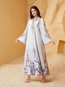 全新中东穆斯林女士长袍，带刺绣抽绳，迪拜旅行休闲家居服长袍 Abaya