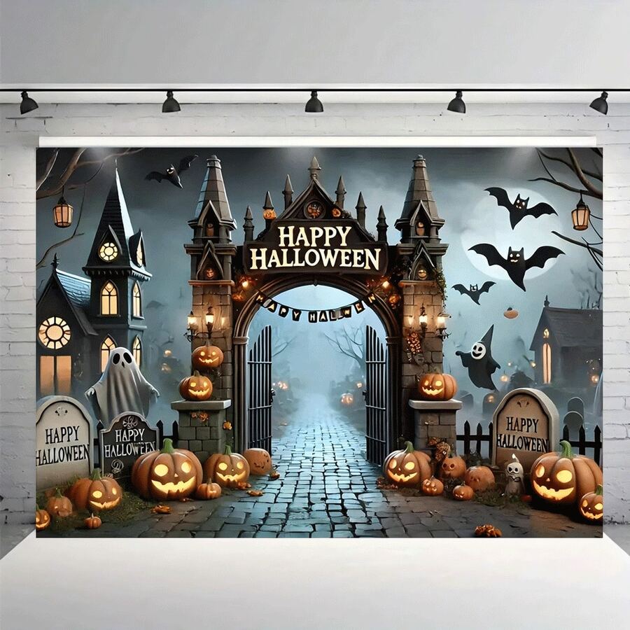1pc Mysterious Castle Banner, Gothic Style, Featuring Ghost, Pumpkin Lantern, And Bat Designs, Is Suitable For Halloween Parties, Anniversaries, Photo Props, Horror Parties, Courtyards, Wall Decorations, Indoor/Outdoor, Cinema Decoration, And Party Decorations
