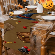 1pc/270pcs Halloween Table Runner, Brown Background With Magic Hat & Broom Design Elements, Polyester Material, 30x180cm, Halloween & Day Of The Dead Home Party, Horror Atmosphere Restaurant Living Room Table Centerpiece Decor, Indoor Outdoor Dining Table Decoration, Suitable For Holidays, Parties, Birthdays, Dinners, Kitchen, Dining Room, All Seasons Home & Room Decor - Brown Magic Hat Broom - View 2