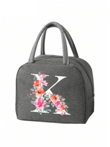 2 件 - 字母印花图案保温袋和餐具收纳袋、保温午餐袋 - 粉色花朵和白色字母图案、手提包、午餐盒、冰袋、野餐食品手提包、帆布轻便便携式午餐收纳袋