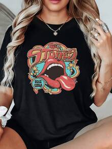 Camiseta Rolling Stones Mujer 1 unidad de 220 gramos Dise?o Boca y Lengua Camisa de T 100% algodón con estampado digital estilo Vintage Camisa de Mujer Casual con Cuello Redondo y Dise?o Estampado - Negro - Ver 1