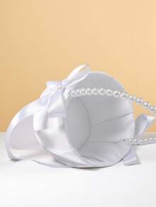 3 件套婚礼花童花篮和戒指枕套装，白色缎带蝴蝶结花篮珍珠系列婚礼花童花篮和戒指枕 - 彩色 - 查看 3